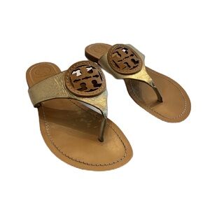 Tory Burch Gold Metallic Leather Louisa Flat Thong Sandals Size 8
